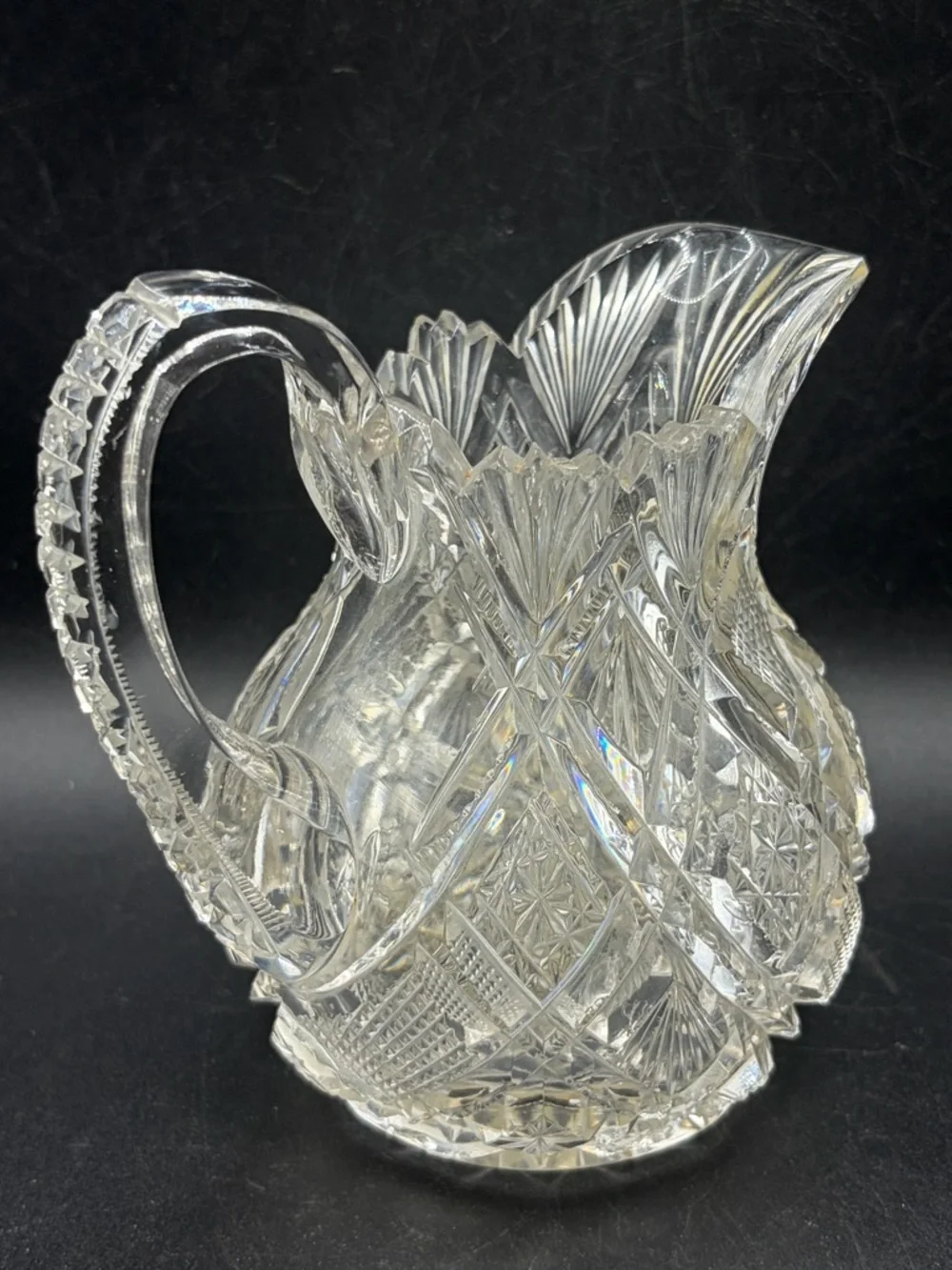 TW Signed Vintage Cut Crystal Jug Pitcher Creamer Pourer Vessel Tableware Decor